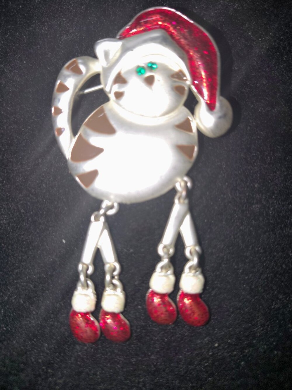 Vintage 1990s Tanya Creations Articulated Santa Cat Brooch – Silver‑Tone Holiday